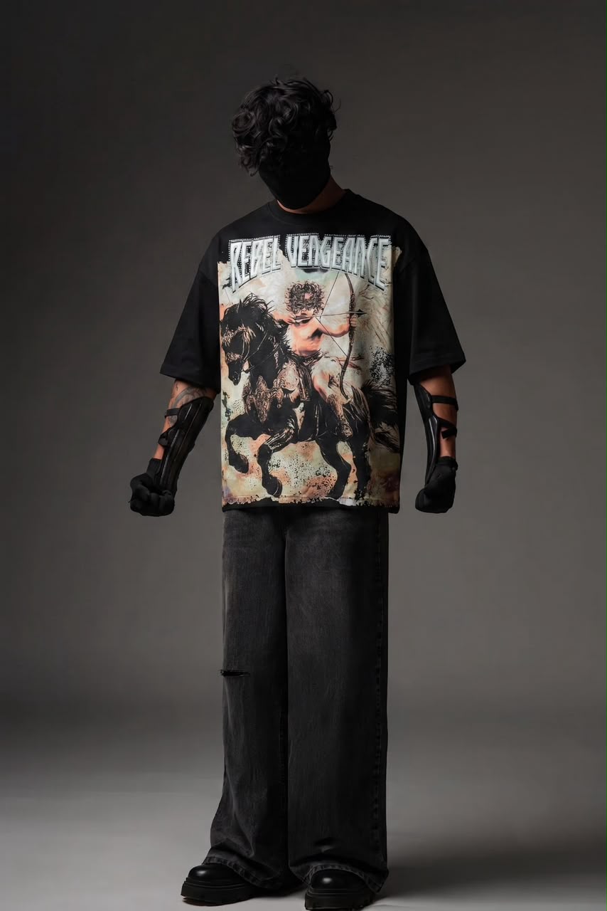 Rebel Vengeance Rhinestone Rider Oversized T-Shirt – Black