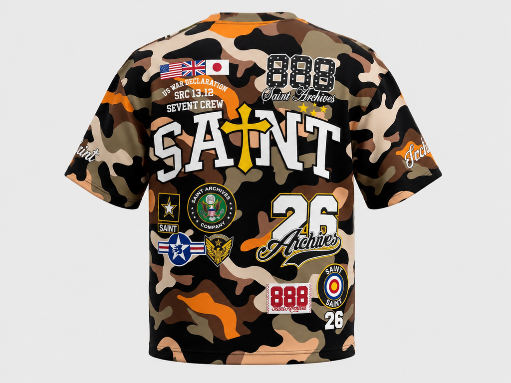 Saint Archives Camo Boxy Fit T-Shirt – French Terry Cotton Graphic Tee with Embroidery Detail
