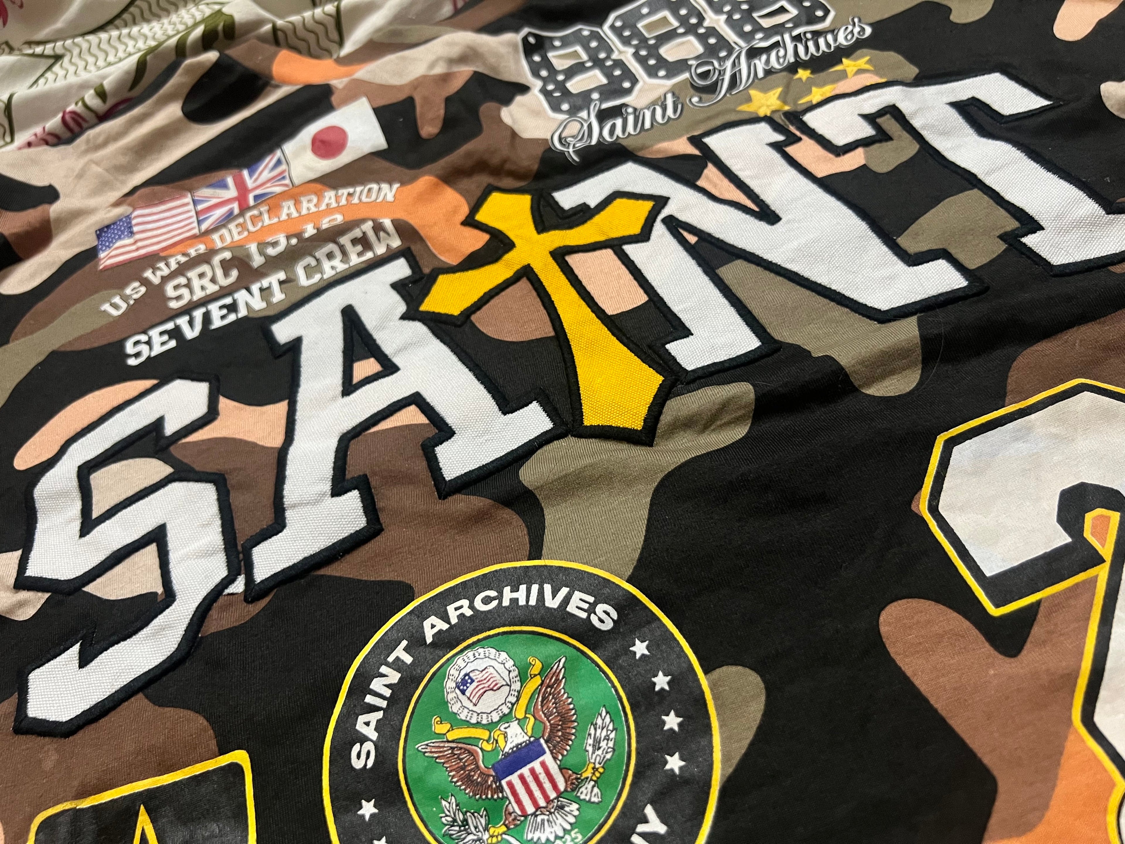 Saint Archives Camo Boxy Fit T-Shirt – French Terry Cotton Graphic Tee with Embroidery Detail