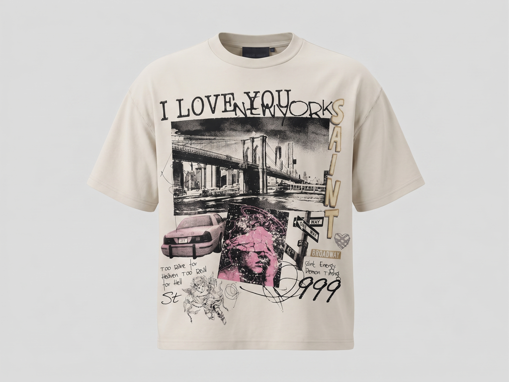 Saint New York 999 Oversized Reverse Stitch Graphic T-Shirt with Rhinestone Work