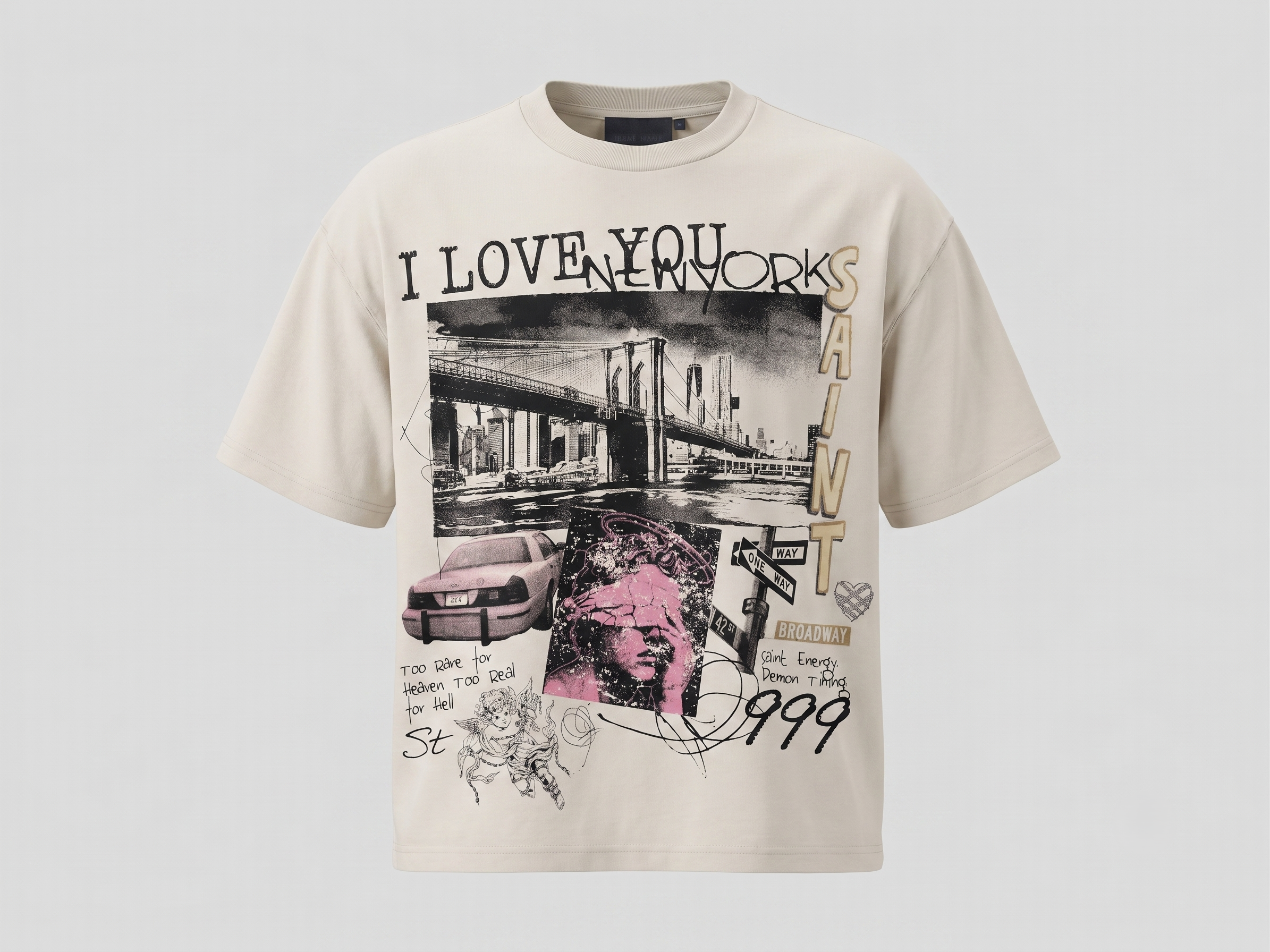 Saint New York 999 Oversized Reverse Stitch Graphic T-Shirt with Rhinestone Work