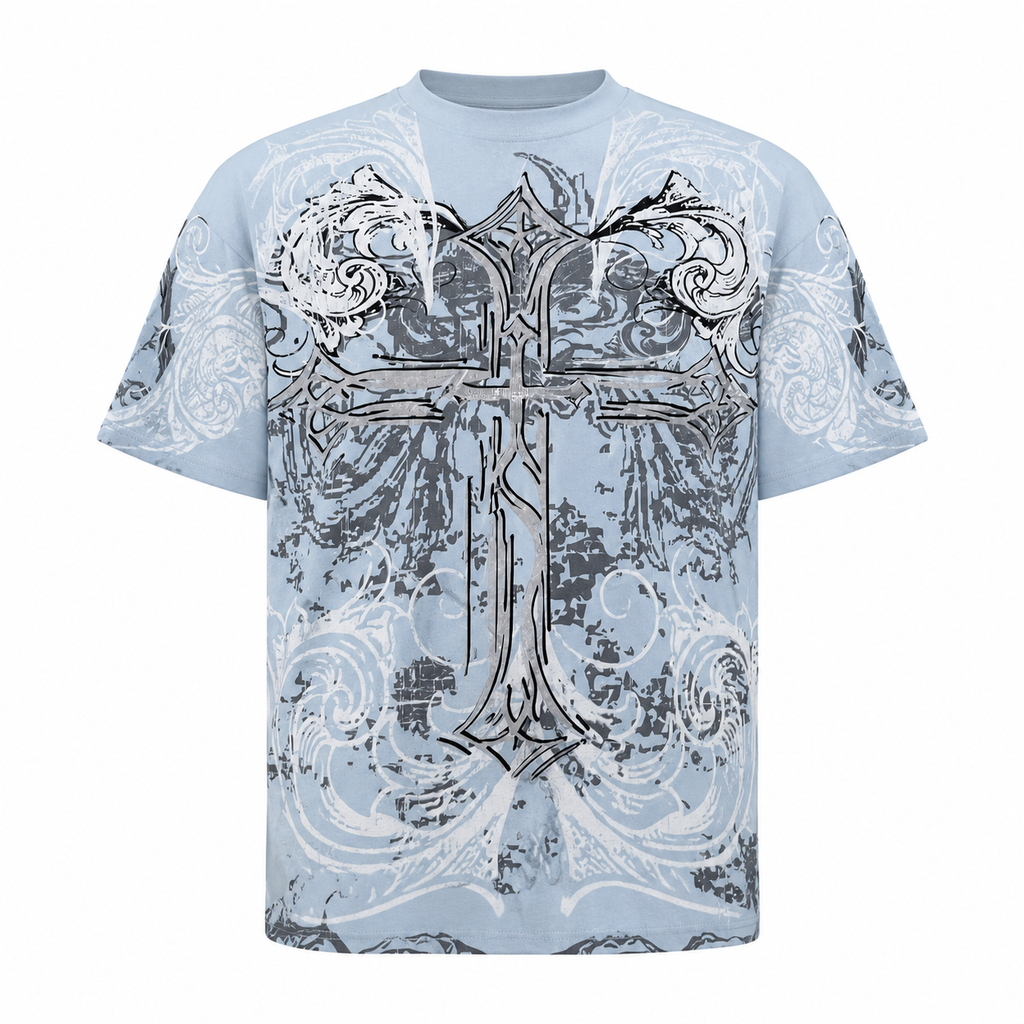 Blessed Cross Powder Blue Oversized Graphic T-Shirt with Rhinestone Work