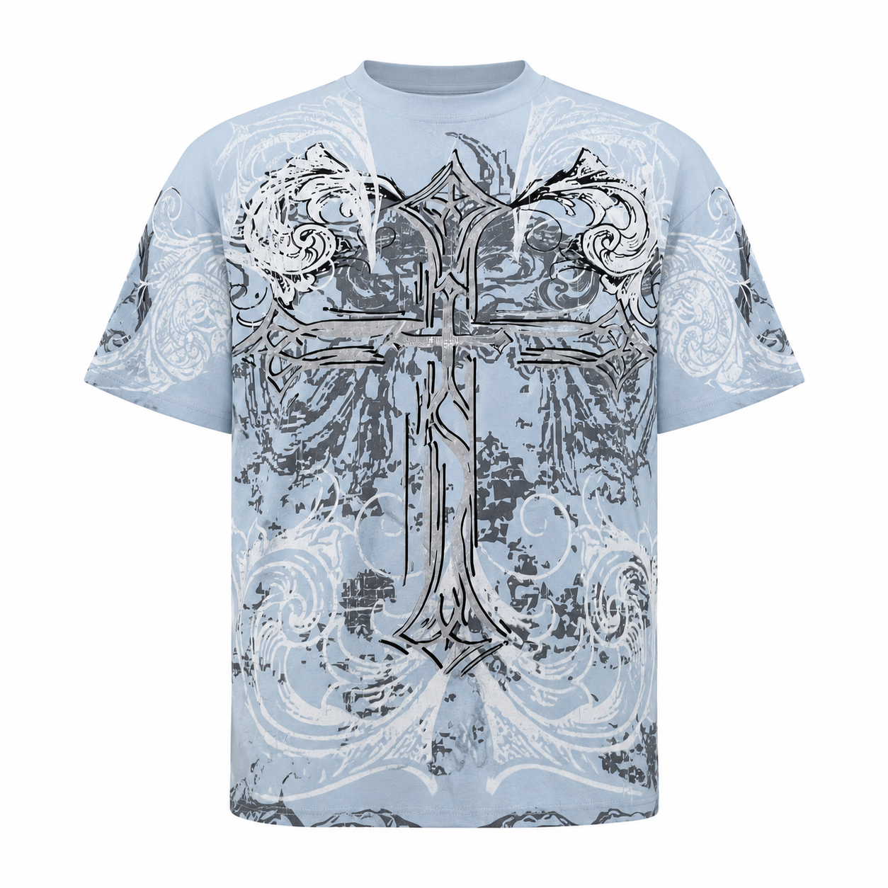 Blessed Cross Powder Blue Oversized Graphic T-Shirt with Rhinestone Work