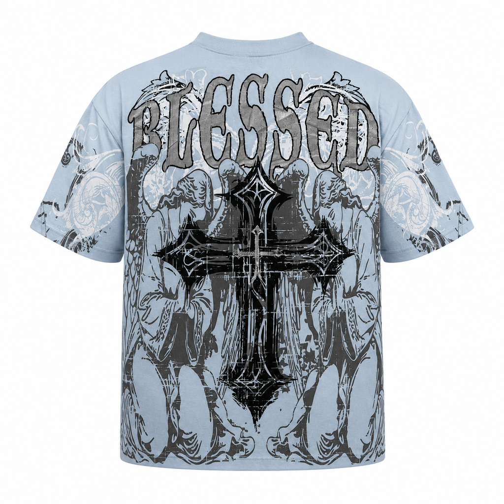 Blessed Cross Powder Blue Oversized Graphic T-Shirt with Rhinestone Work