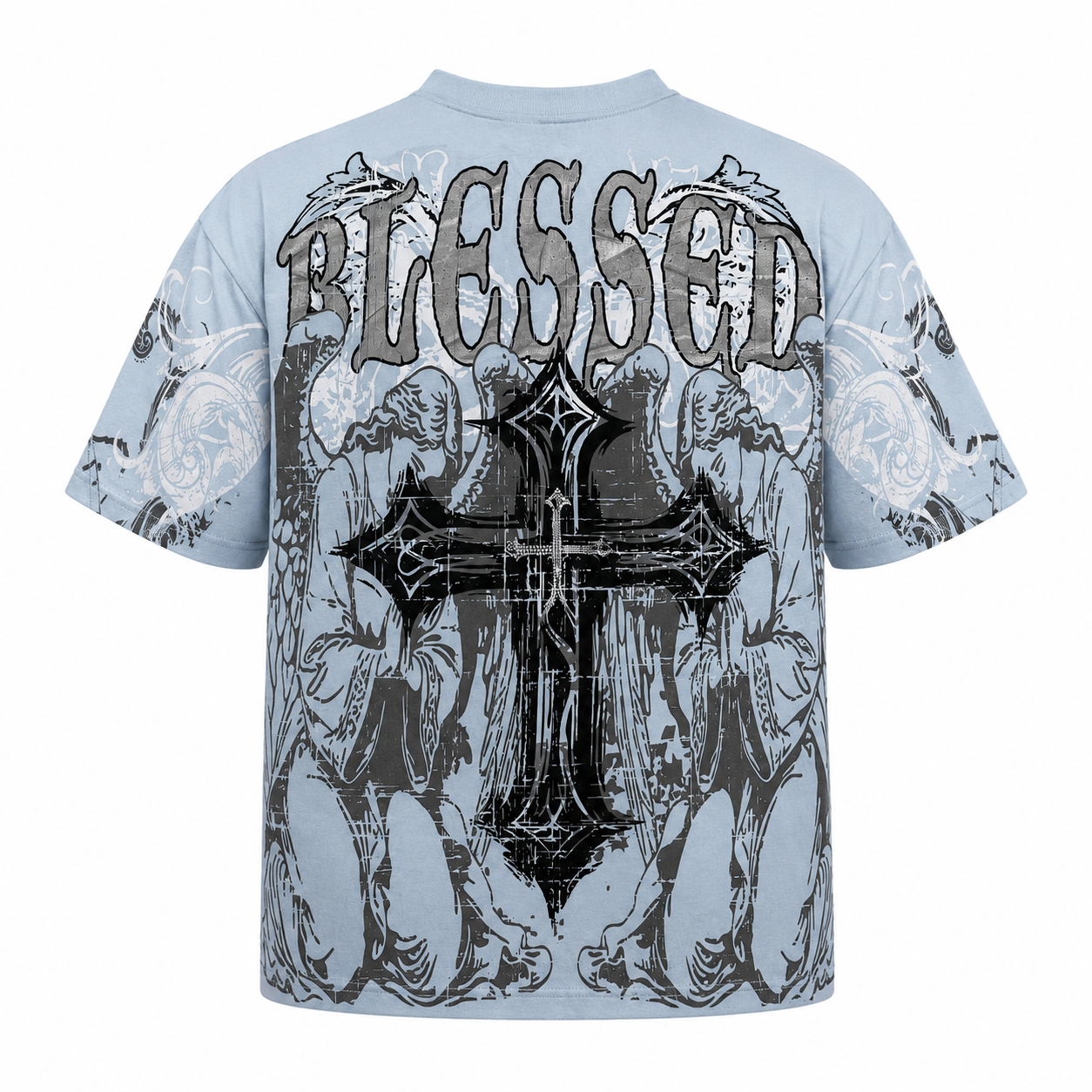 Blessed Cross Powder Blue Oversized Graphic T-Shirt with Rhinestone Work