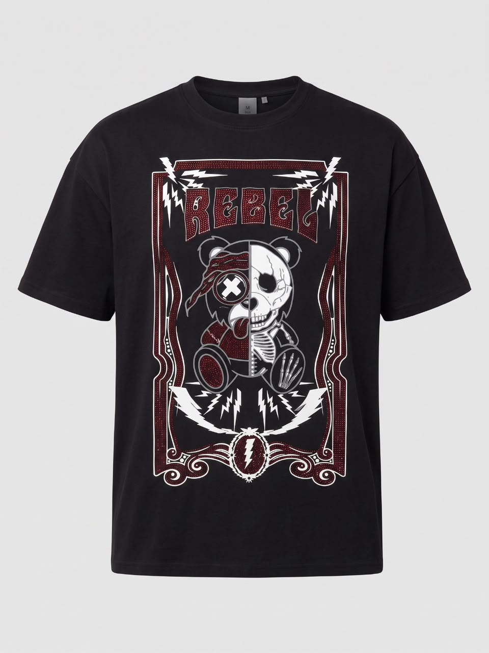Rebel Bear Rhinestone Oversized T-Shirt – Black