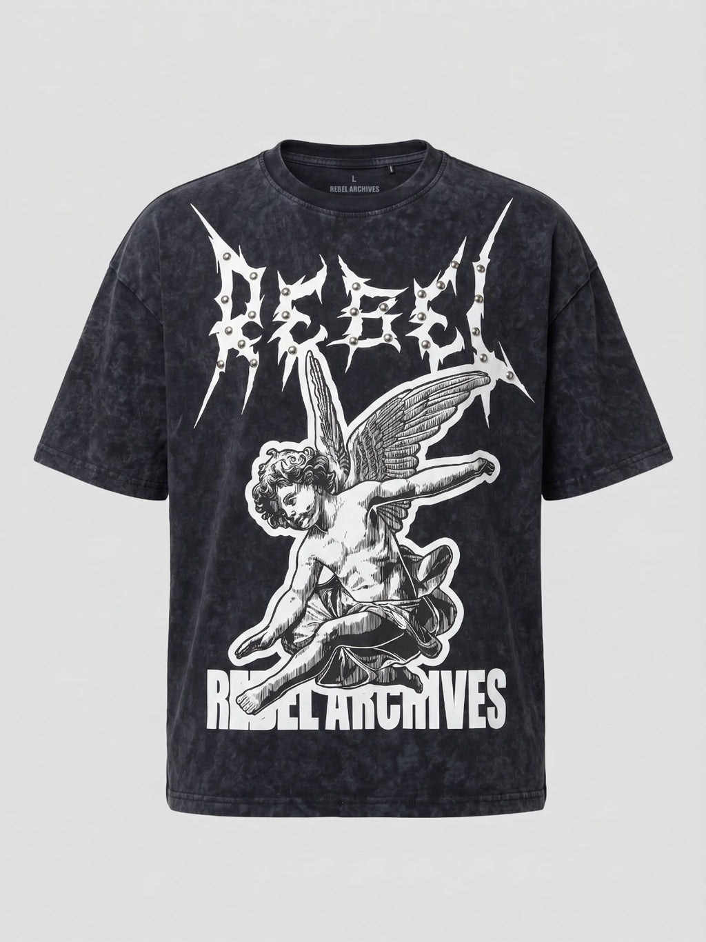 Rebel Archives Studded Rhinestone Oversized T-Shirt – Washed Black