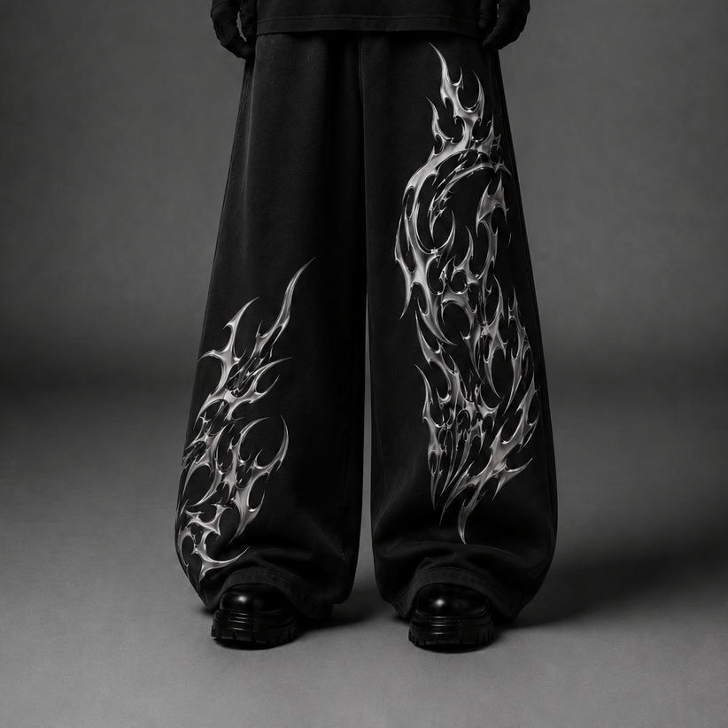 Chrome Thorn Wide-Leg Sweatpants – Black