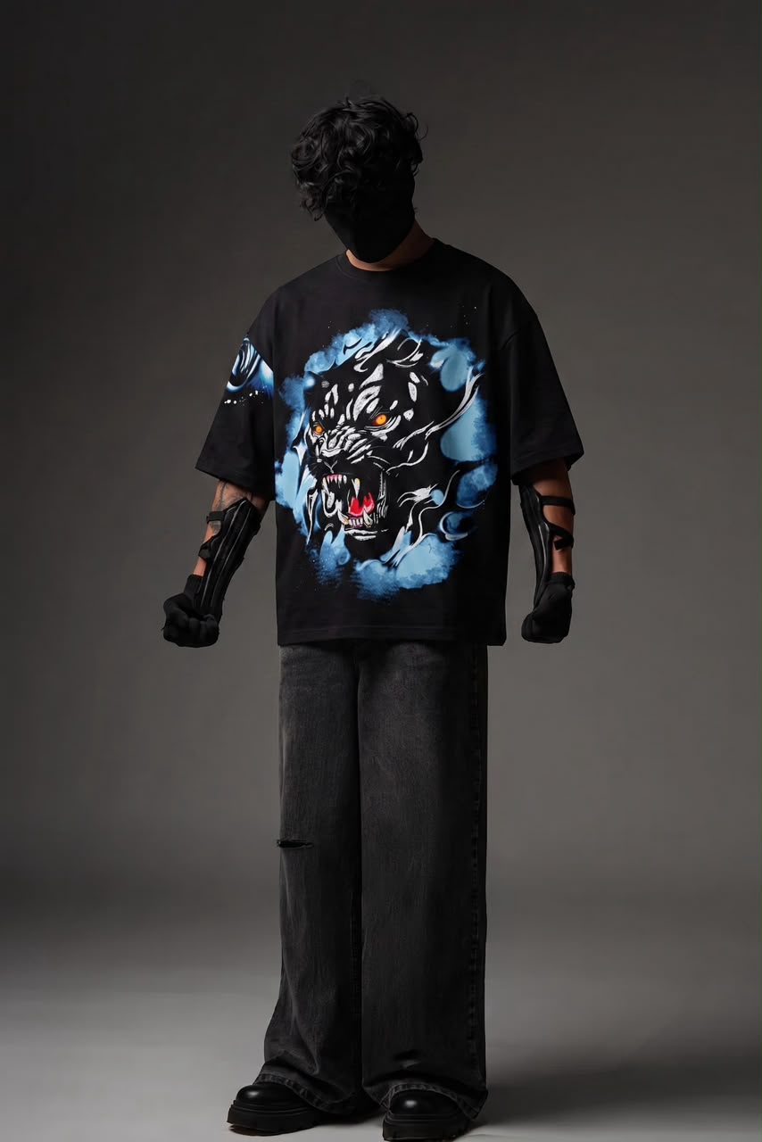 Blue Panther Rhinestone Oversized Streetwear Tee