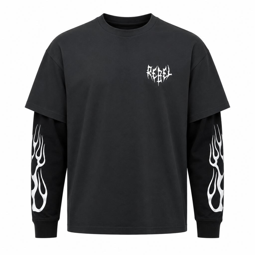 Rebel Reaper Black Layered Graphic T-Shirt – Flame Sleeve Streetwear Tee