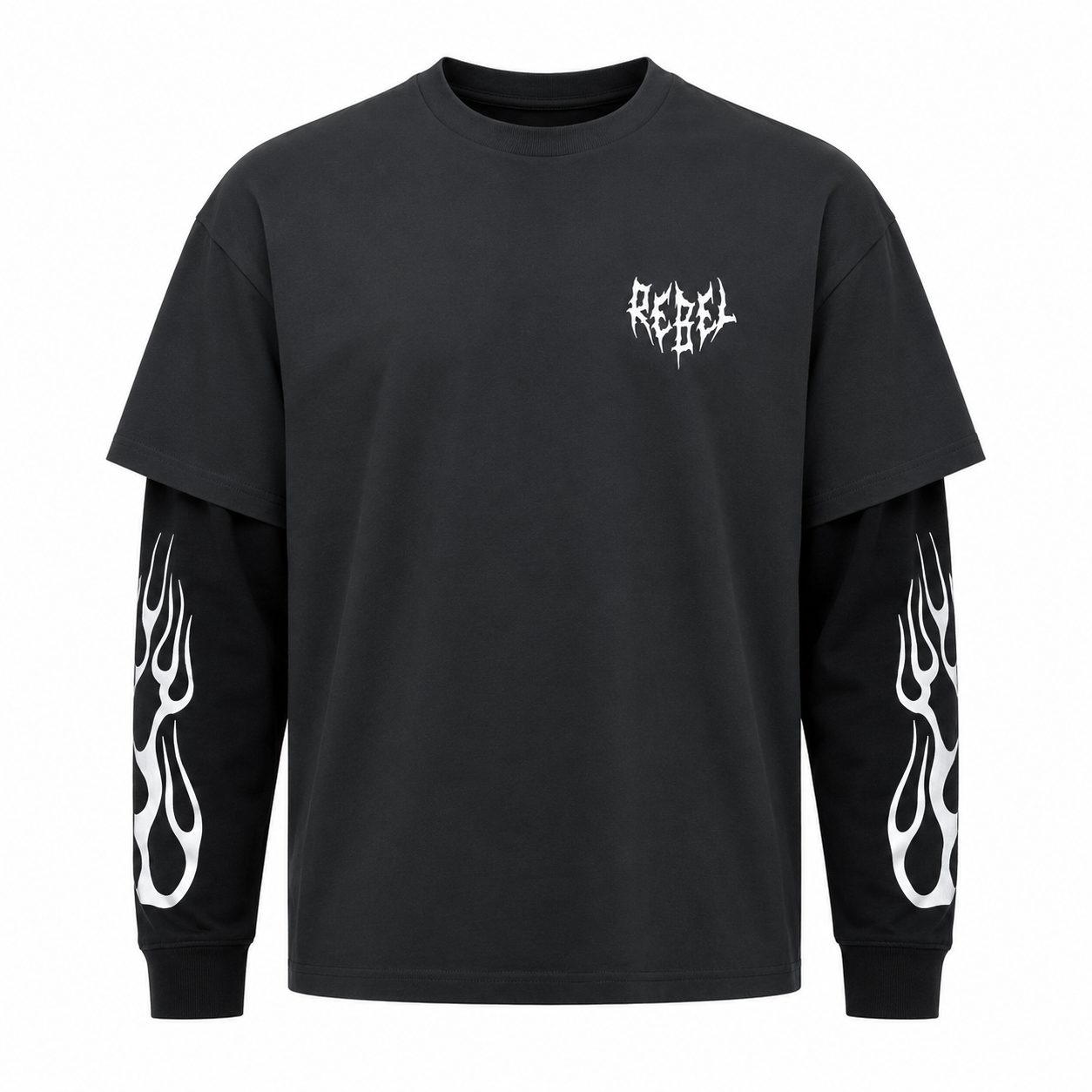 Rebel Reaper Black Layered Graphic T-Shirt – Flame Sleeve Streetwear Tee