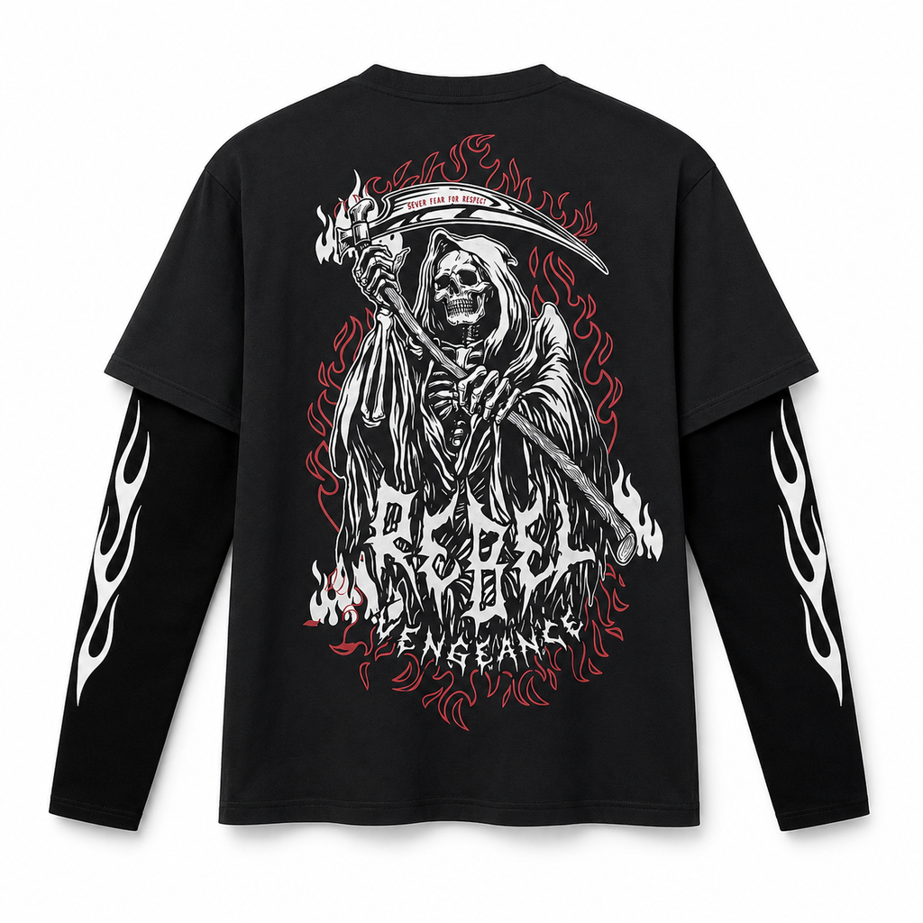 Rebel Reaper Black Layered Graphic T-Shirt – Flame Sleeve Streetwear Tee