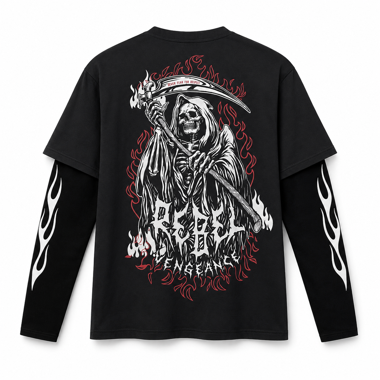 Rebel Reaper Black Layered Graphic T-Shirt – Flame Sleeve Streetwear Tee