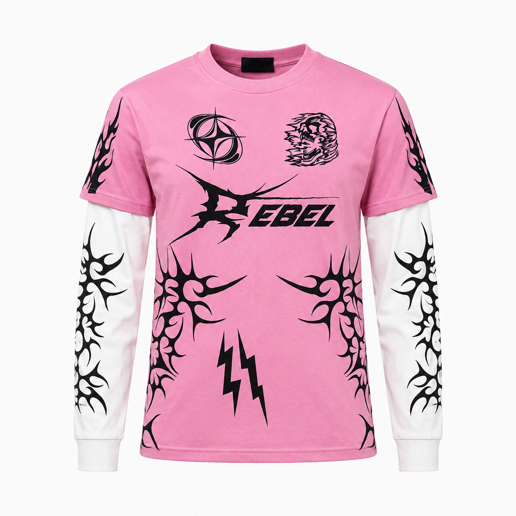 Rebel Pink Layered Graphic T-Shirt – Tribal Sleeve Streetwear Tee