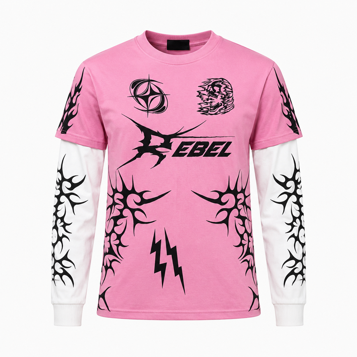 Rebel Pink Layered Graphic T-Shirt – Tribal Sleeve Streetwear Tee