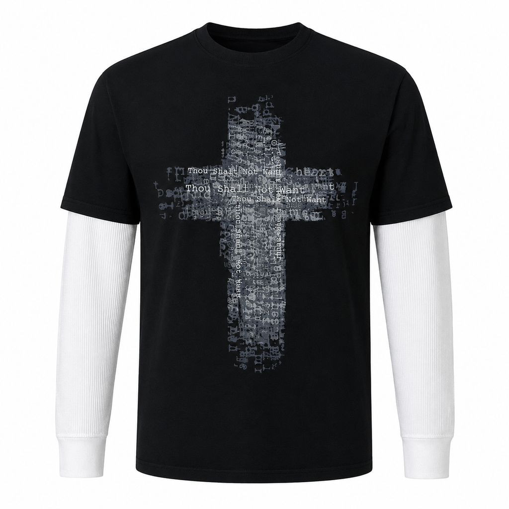 Thou Shall Not Want Layered Graphic T-Shirt – Black & White Angel Print Tee
