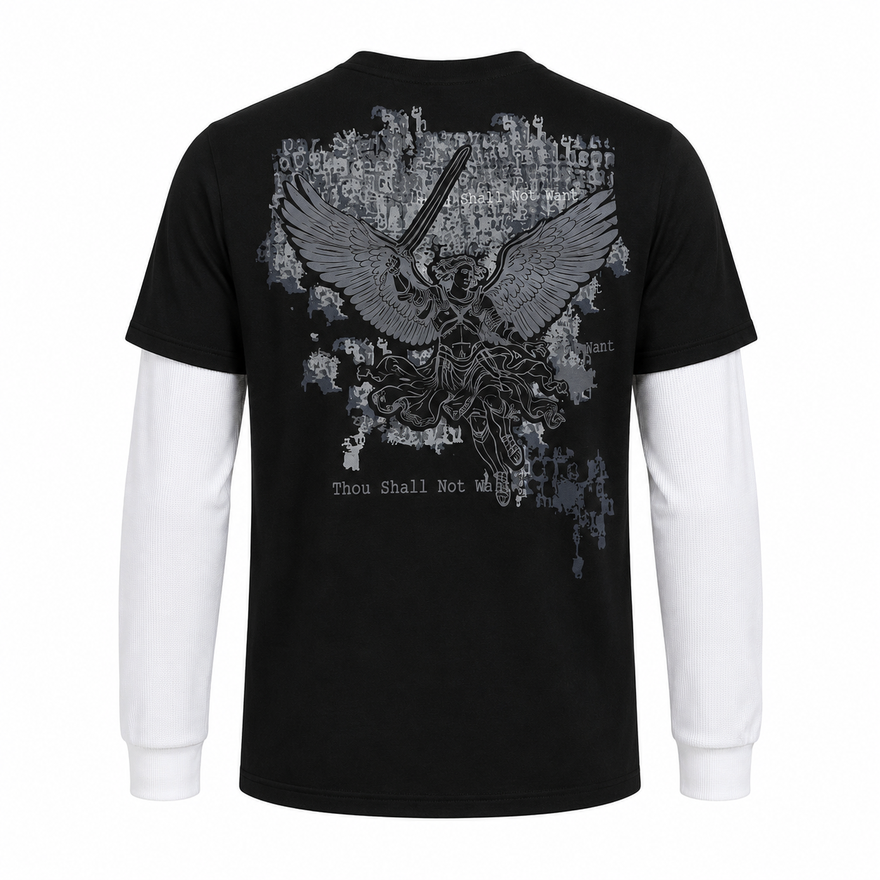 Thou Shall Not Want Layered Graphic T-Shirt – Black & White Angel Print Tee
