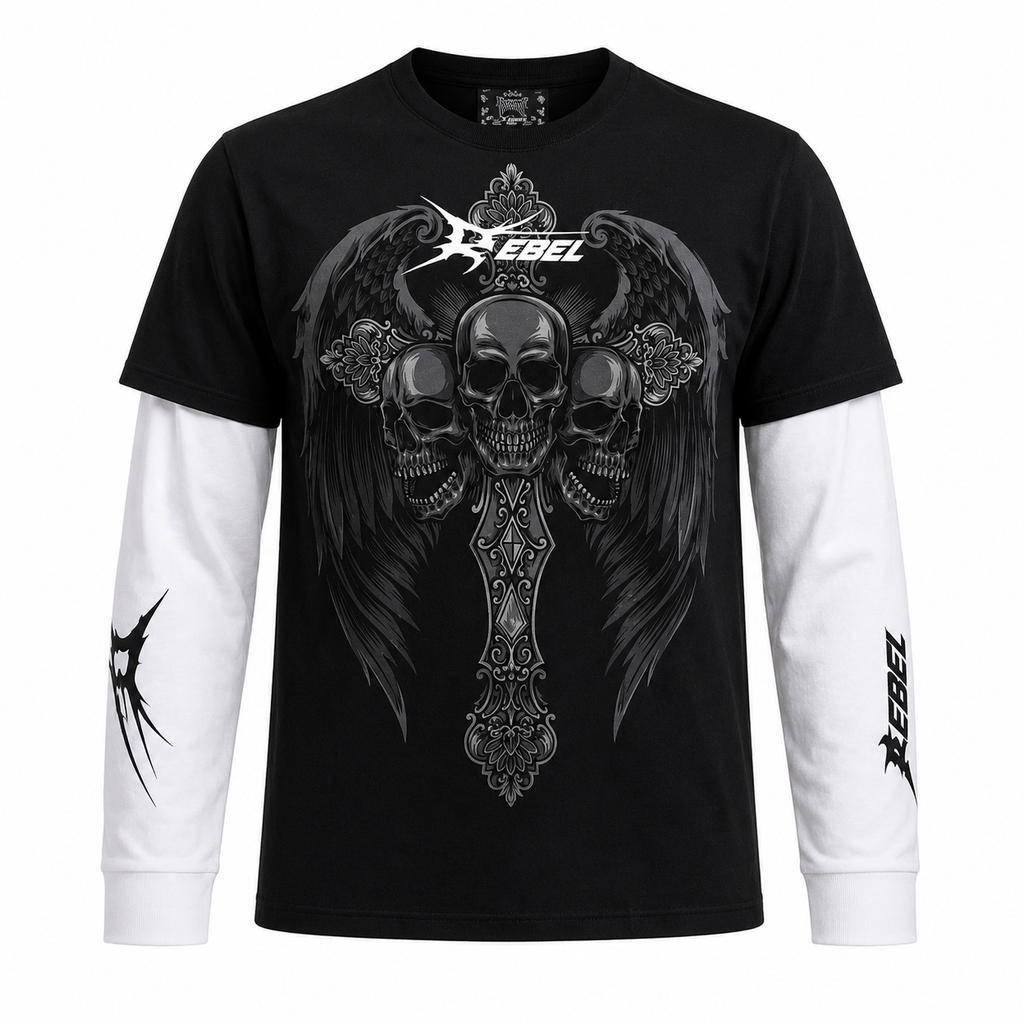 Rebel Skull Wings Layered T-Shirt – Black Pure Cotton Tee with White Waffle Knit Sleeves