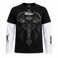 Rebel Skull Wings Layered T-Shirt – Black Pure Cotton Tee with White Waffle Knit Sleeves