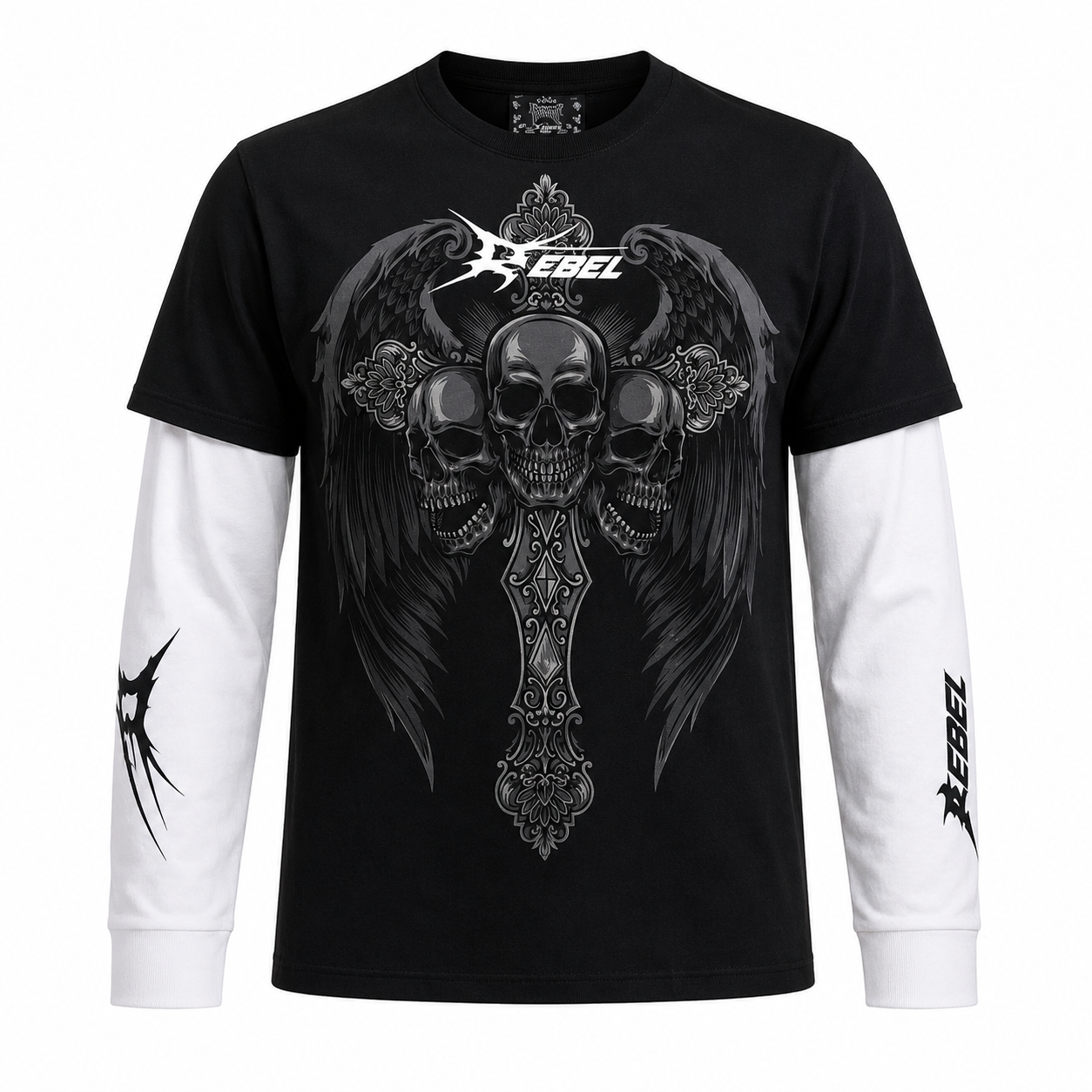Rebel Skull Wings Layered T-Shirt – Black Pure Cotton Tee with White Waffle Knit Sleeves