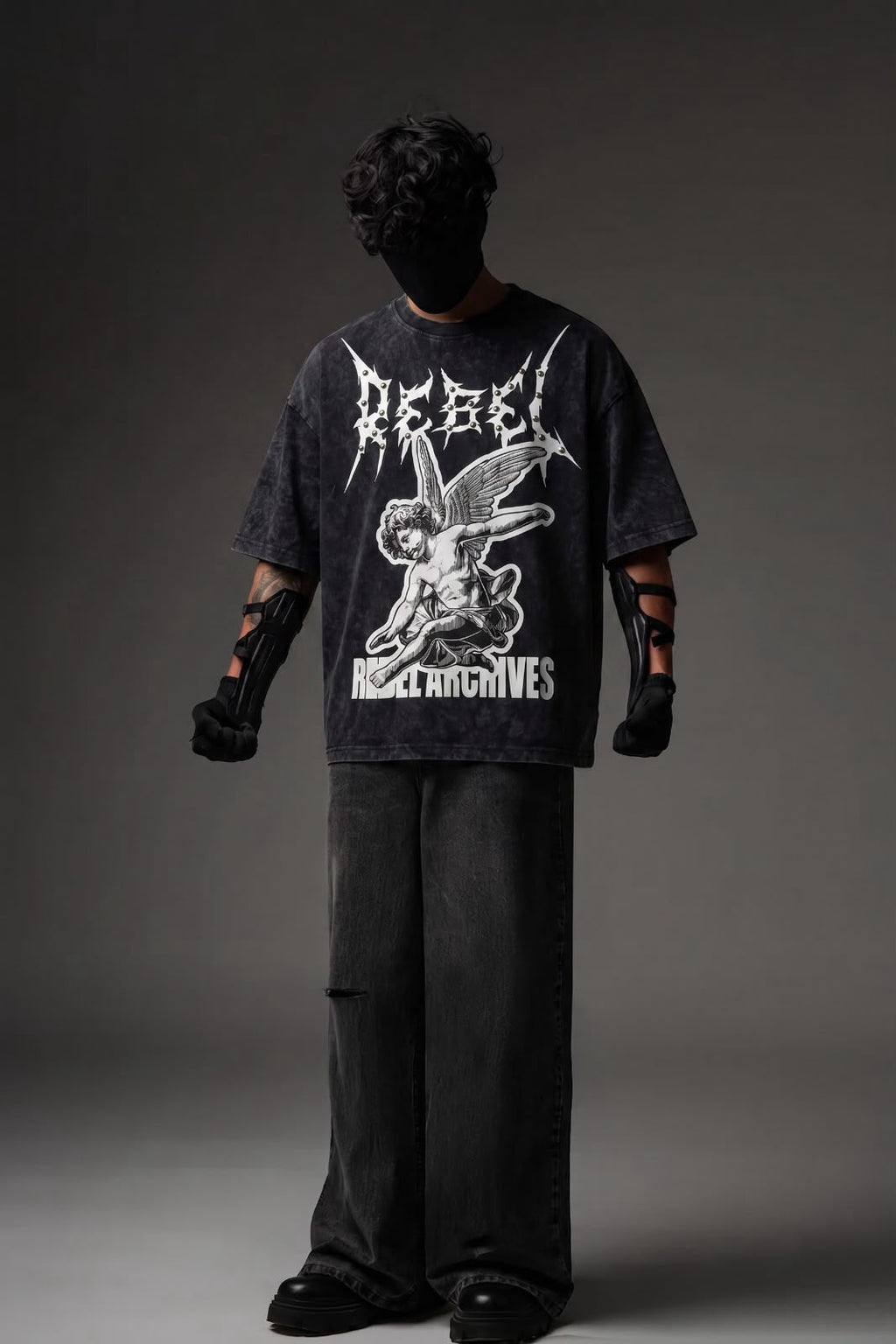 Rebel Archives Studded Rhinestone Oversized T-Shirt – Washed Black