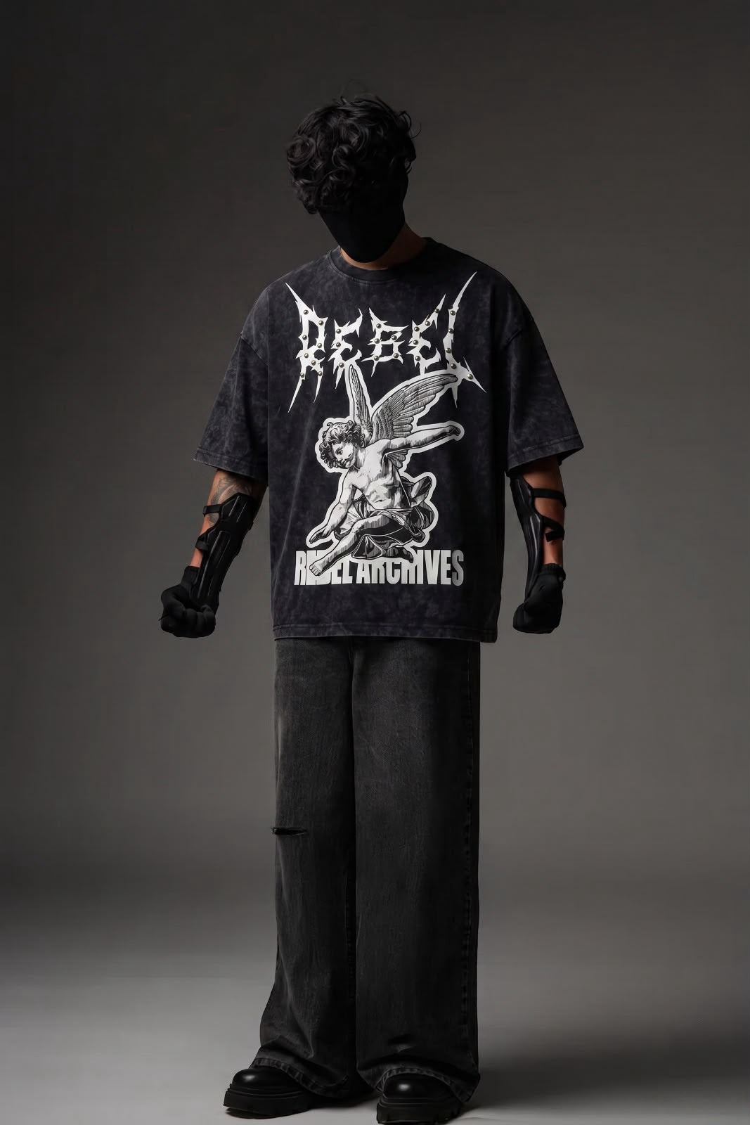 Rebel Archives Studded Rhinestone Oversized T-Shirt – Washed Black