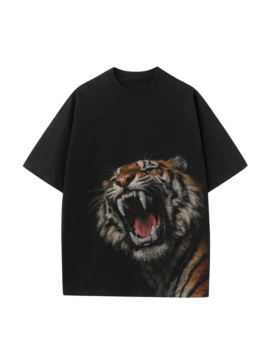 Roaring Tiger Rhinestone Teeth Oversized T-Shirt – Black