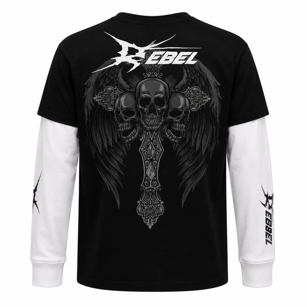 Rebel Skull Wings Layered T-Shirt – Black Pure Cotton Tee with White Waffle Knit Sleeves