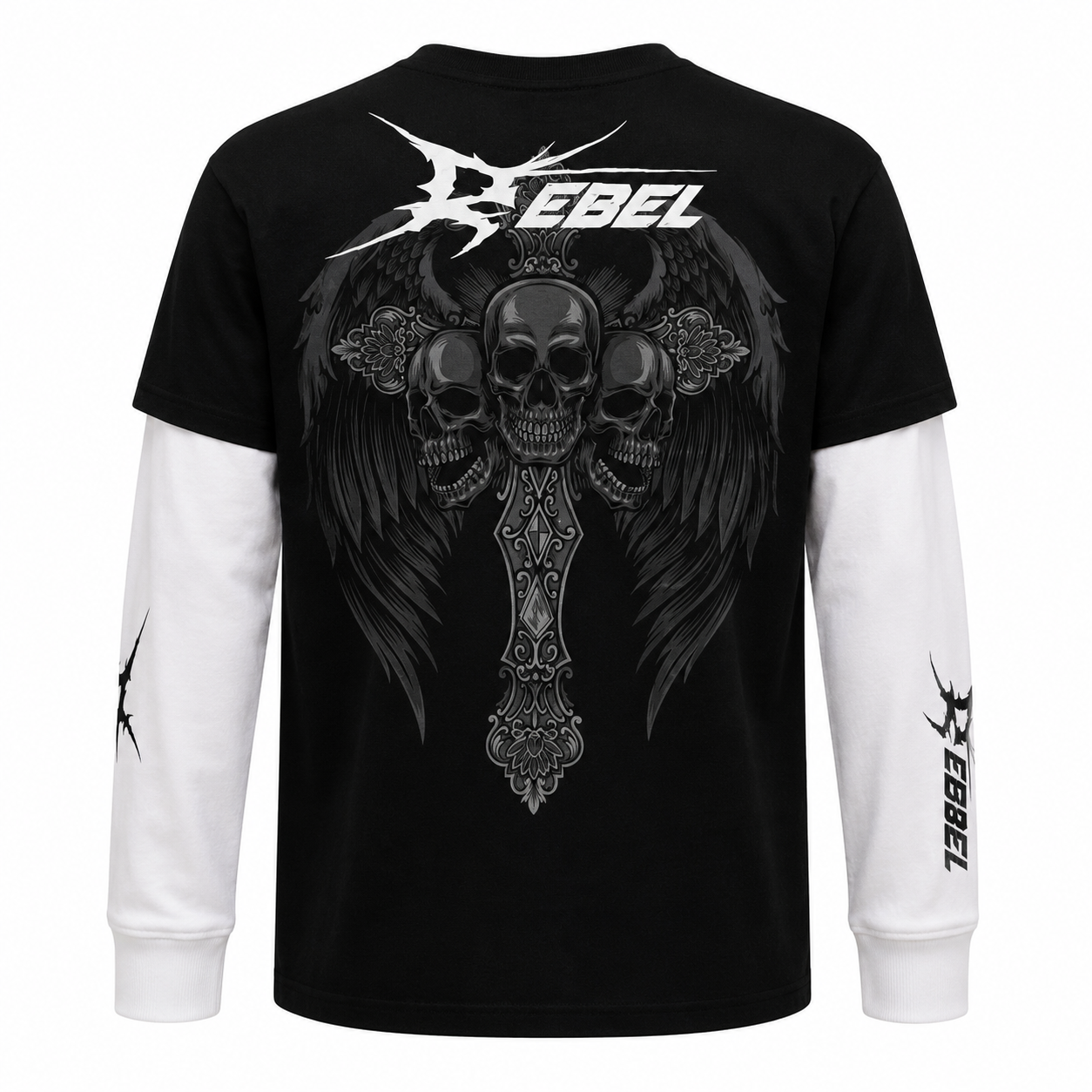 Rebel Skull Wings Layered T-Shirt – Black Pure Cotton Tee with White Waffle Knit Sleeves