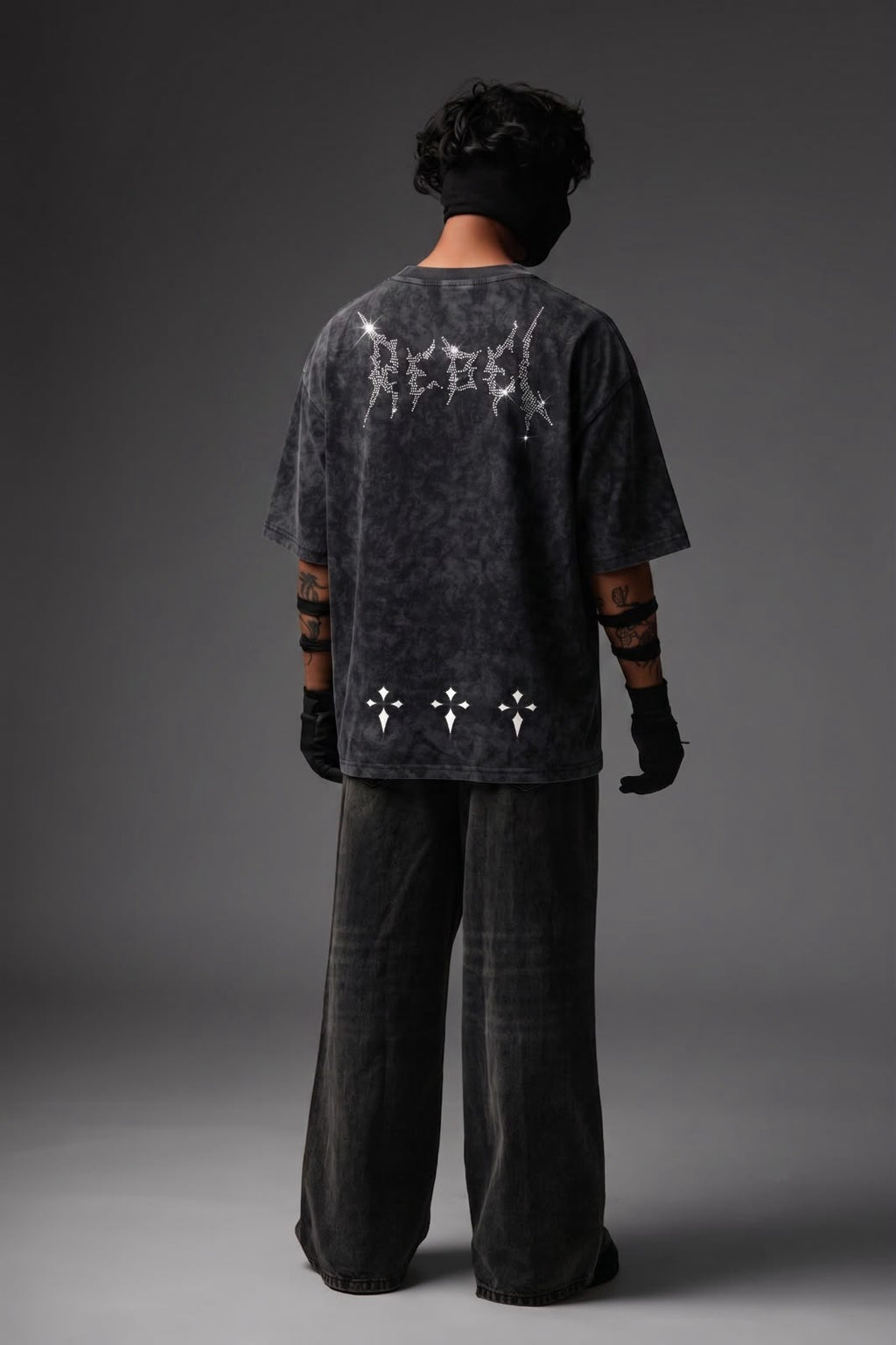 Rebel Archives Studded Rhinestone Oversized T-Shirt – Washed Black