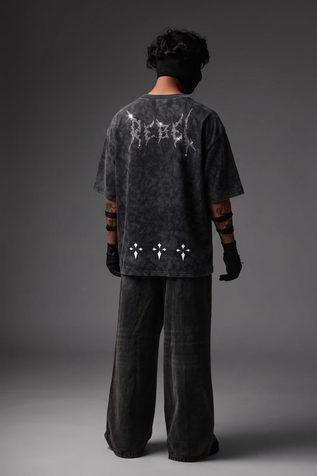 Rebel Archives Studded Rhinestone Oversized T-Shirt – Washed Black