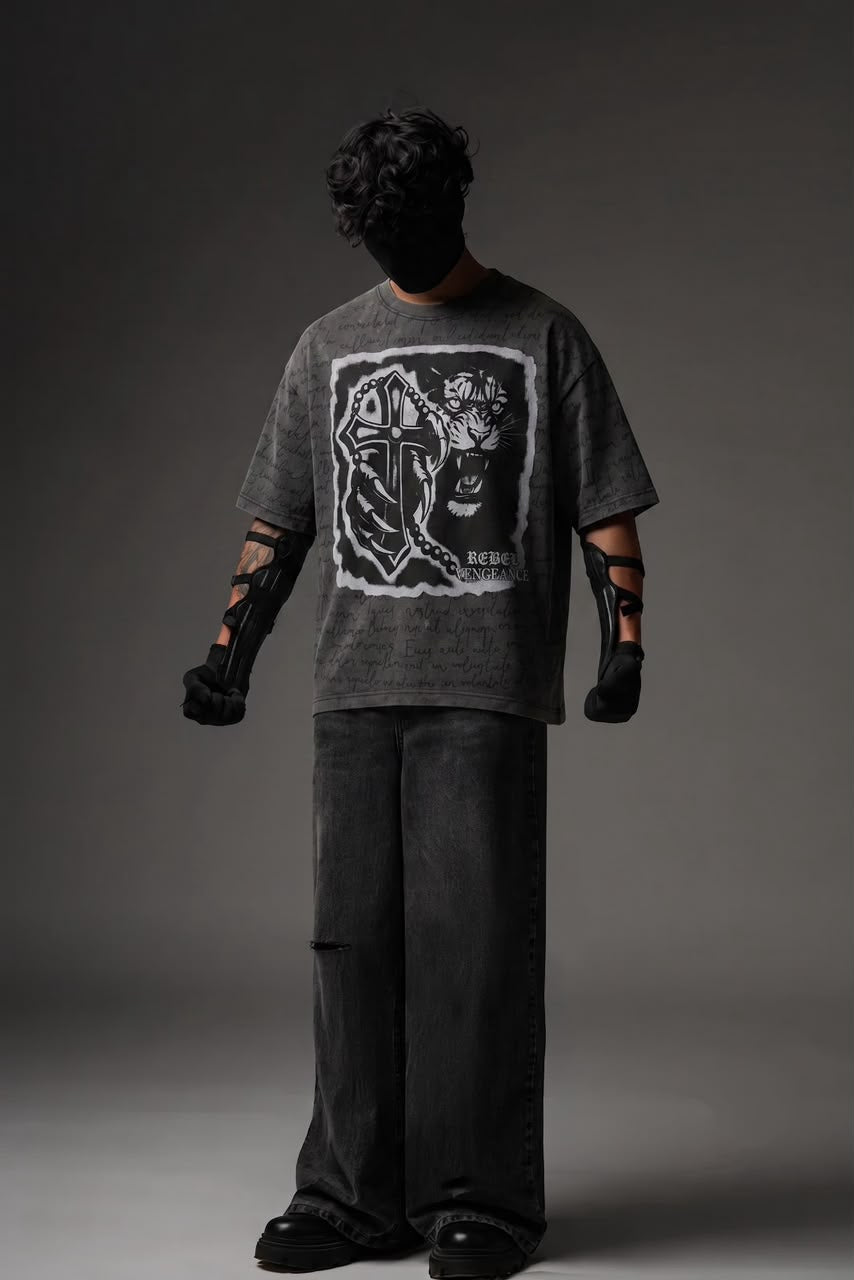 Rebel Vengeance Reverse Stitch Oversized T-Shirt – Washed Grey