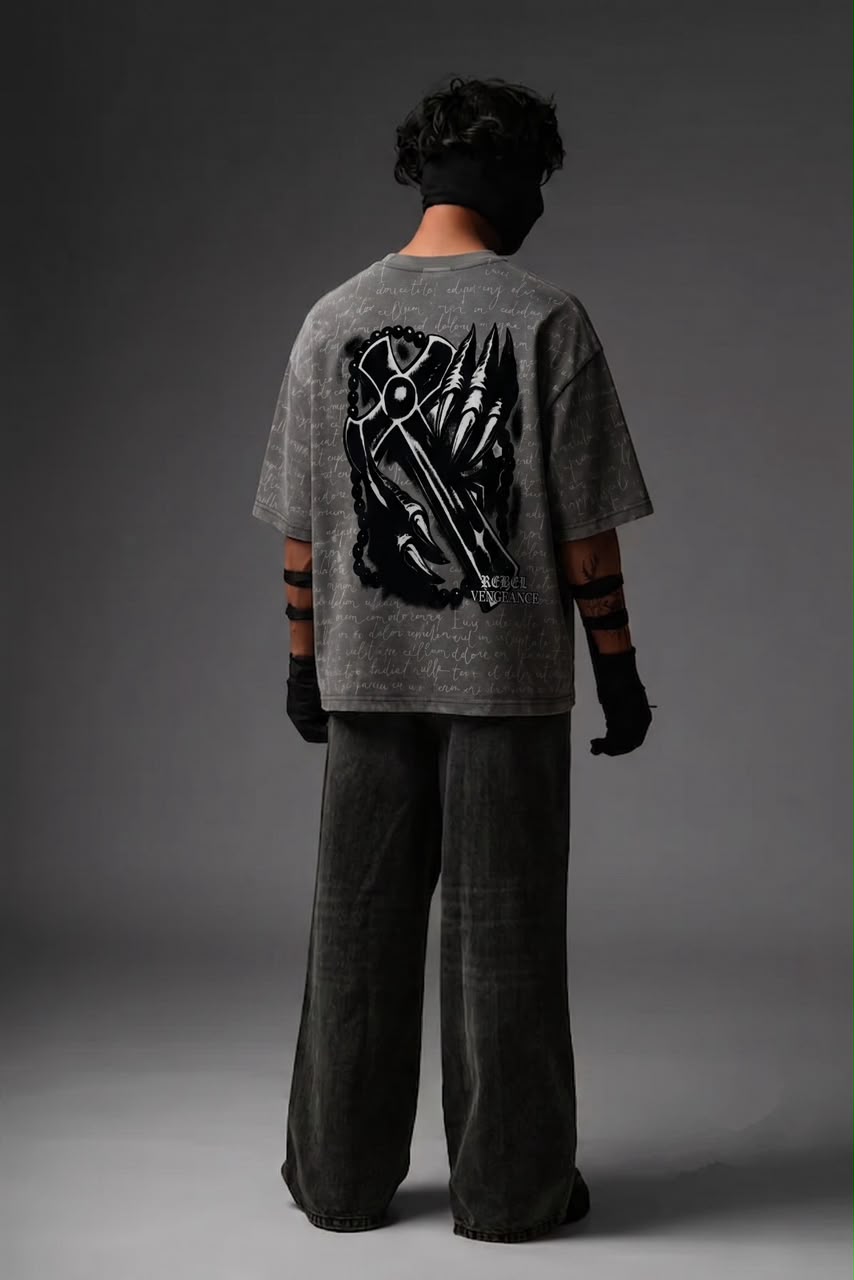 Rebel Vengeance Reverse Stitch Oversized T-Shirt – Washed Grey