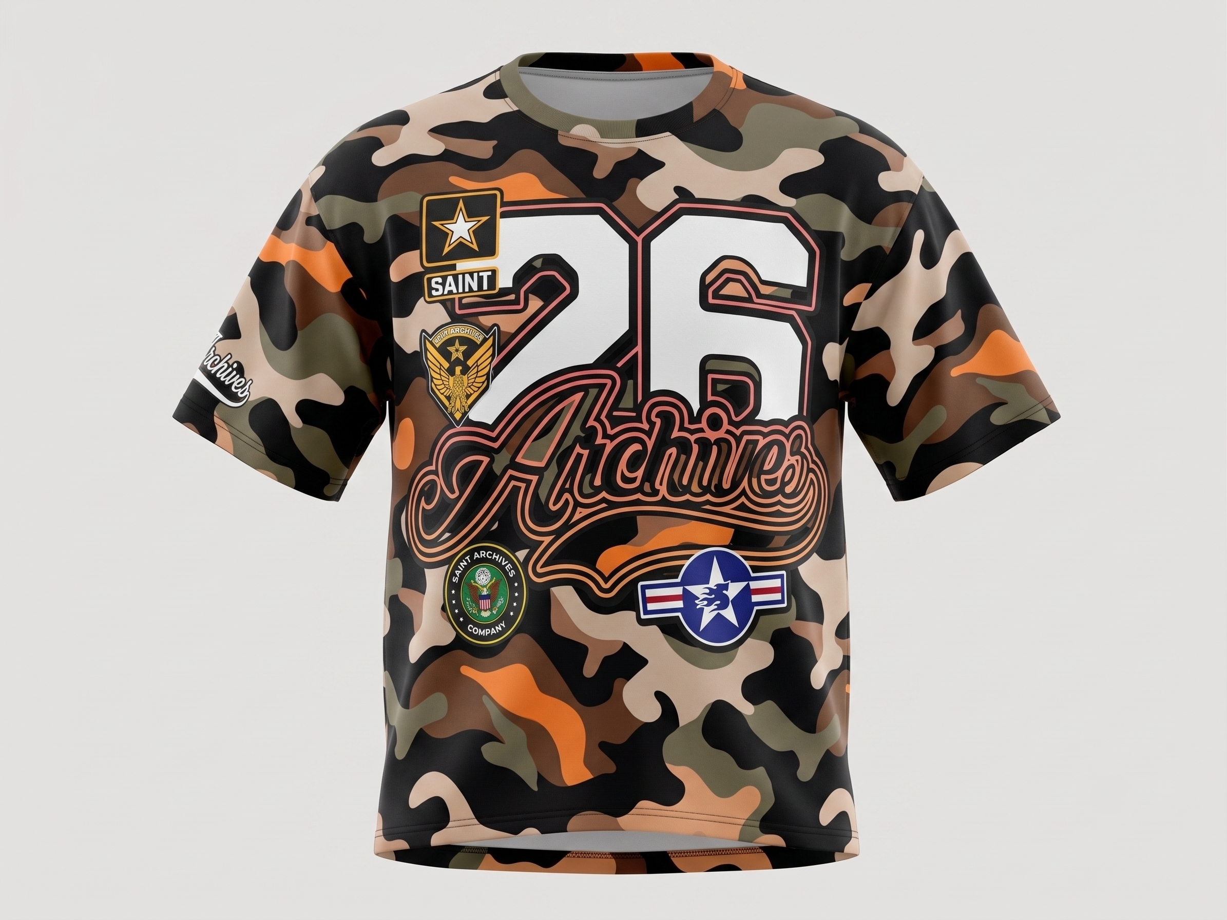 Saint Archives Camo Boxy Fit T-Shirt – French Terry Cotton Graphic Tee with Embroidery Detail