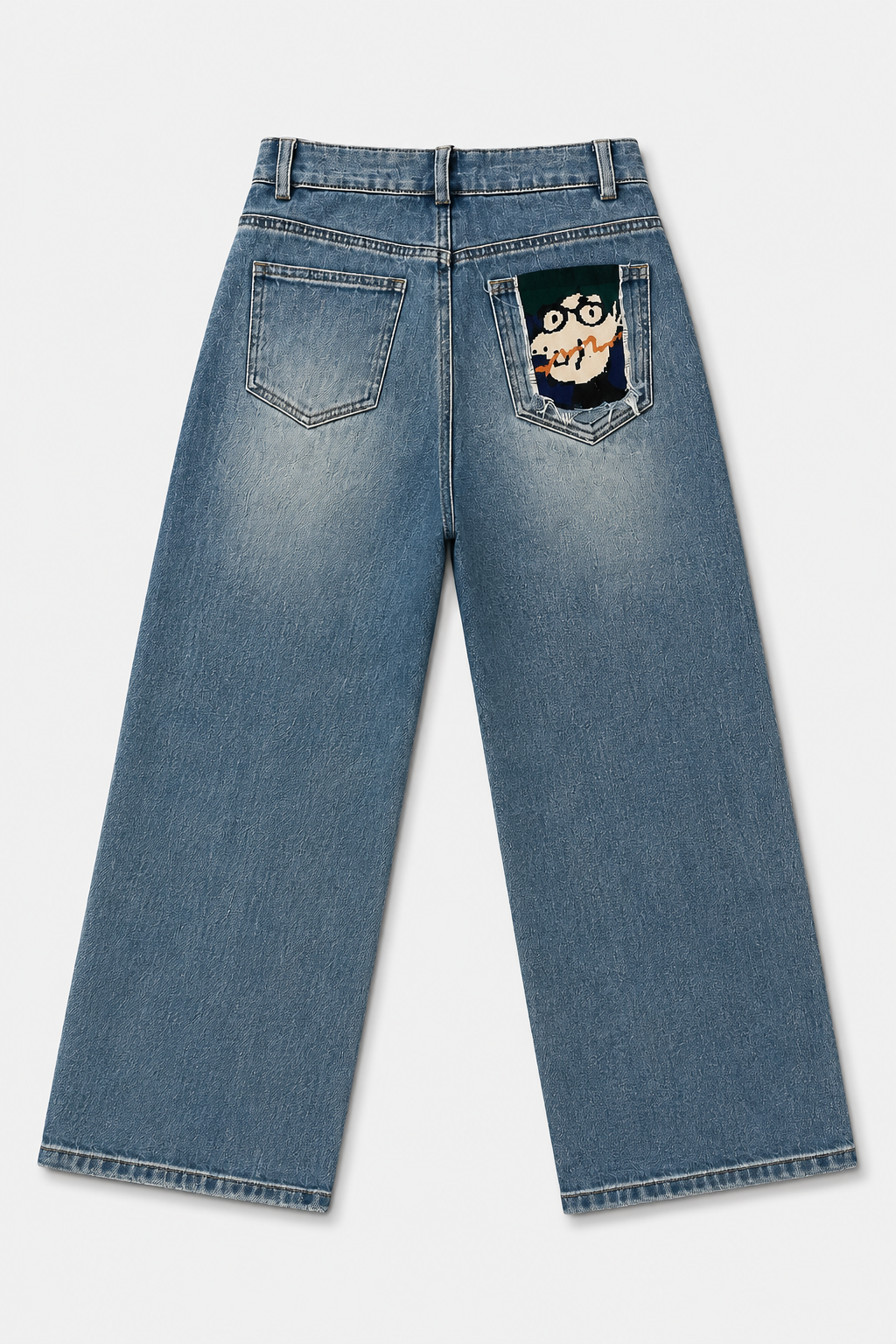 Graphic Pocket Vintage-Wash Wide-Leg Jeans