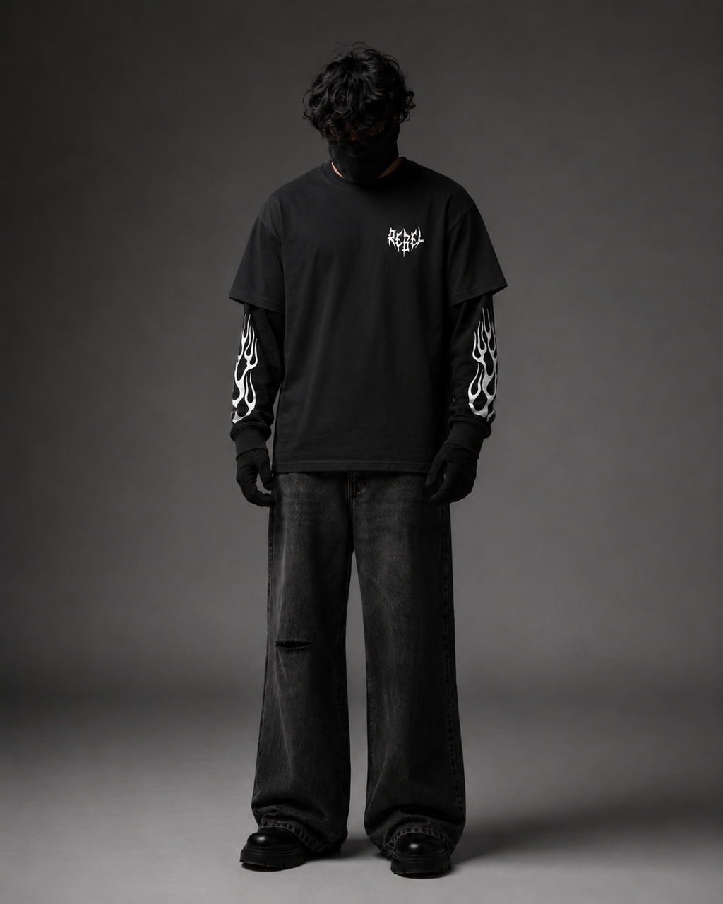 Rebel Reaper Black Layered Graphic T-Shirt – Flame Sleeve Streetwear Tee