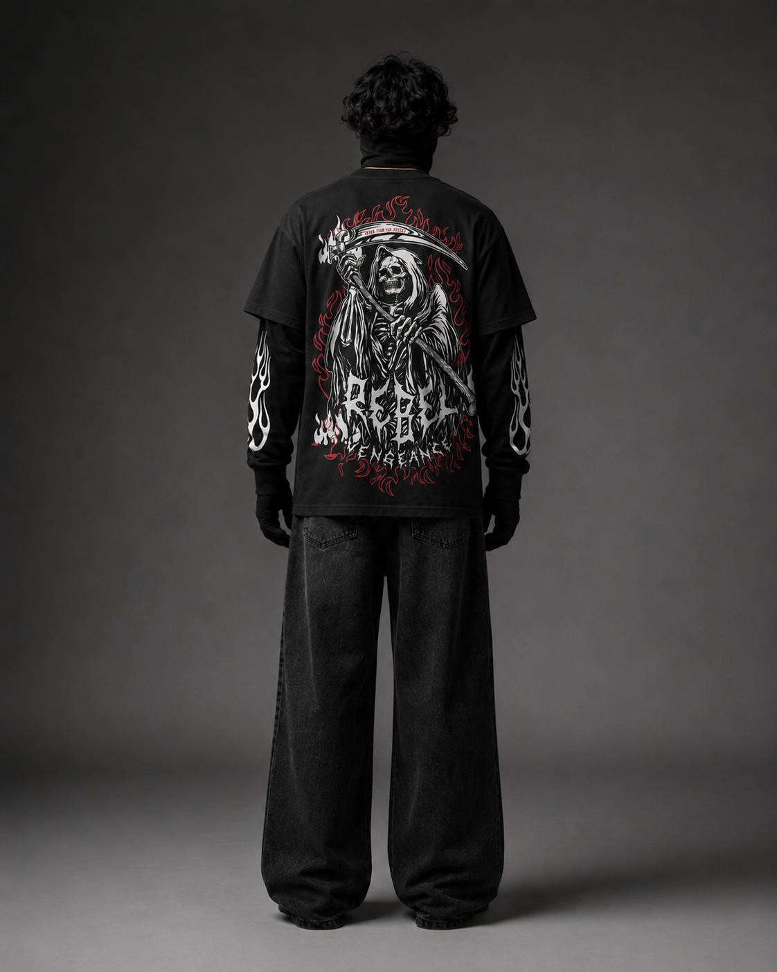 Rebel Reaper Black Layered Graphic T-Shirt – Flame Sleeve Streetwear Tee