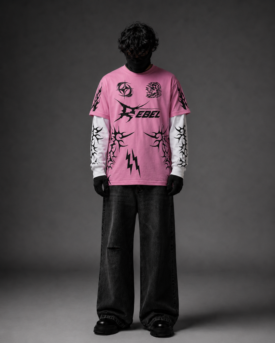 Rebel Pink Layered Graphic T-Shirt – Tribal Sleeve Streetwear Tee
