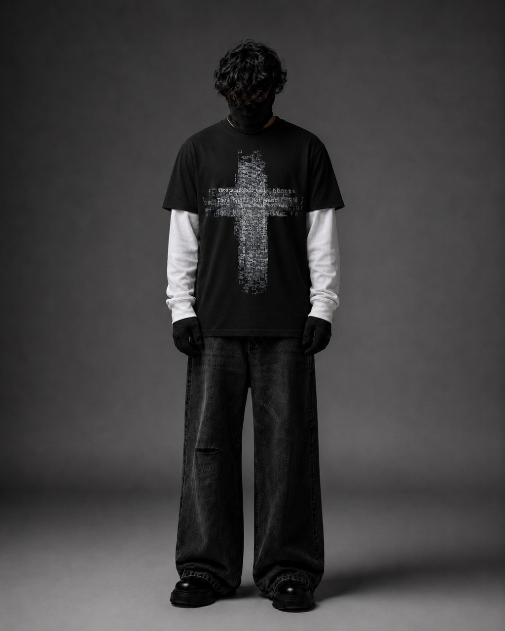 Thou Shall Not Want Layered Graphic T-Shirt – Black & White Angel Print Tee