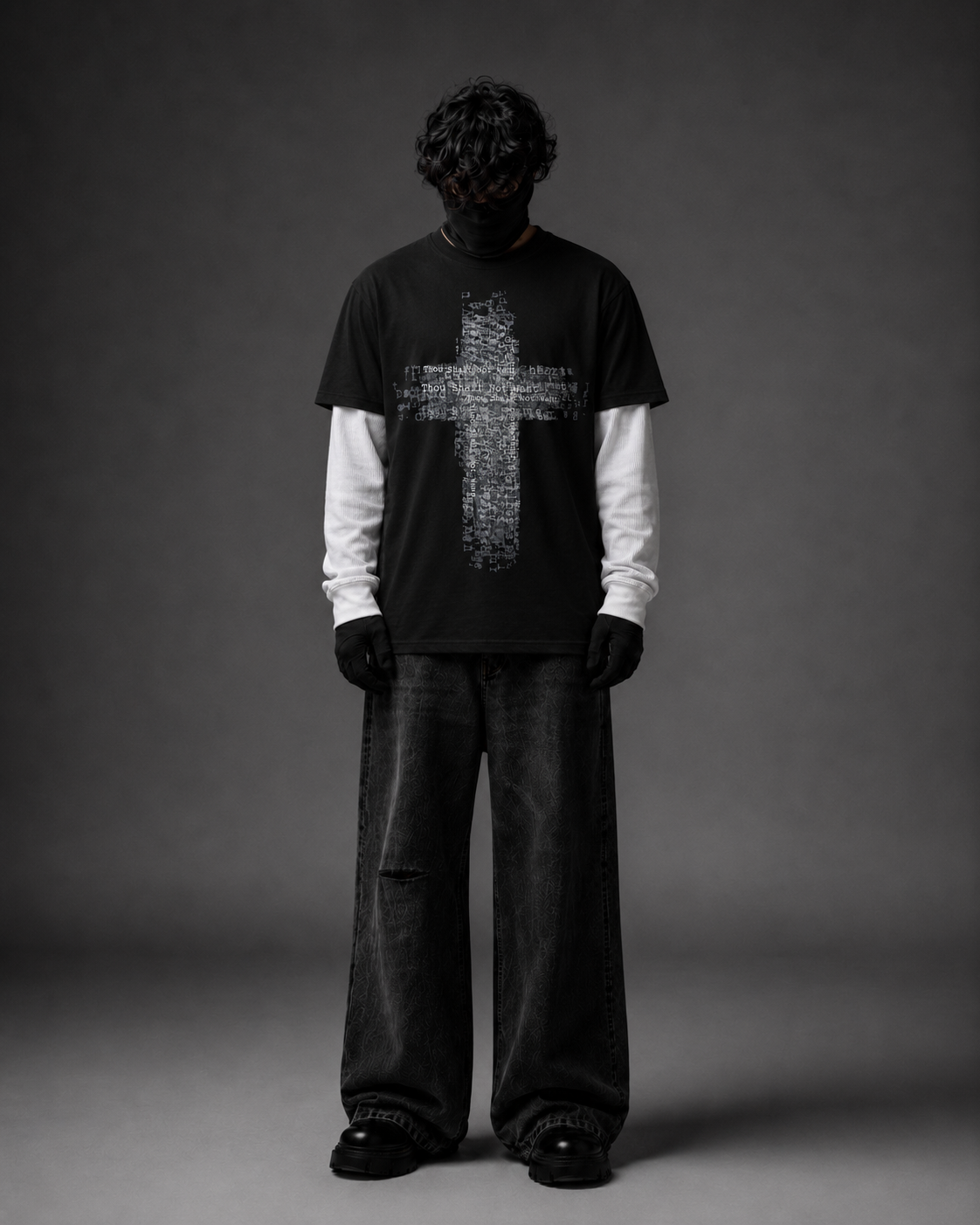 Thou Shall Not Want Layered Graphic T-Shirt – Black & White Angel Print Tee