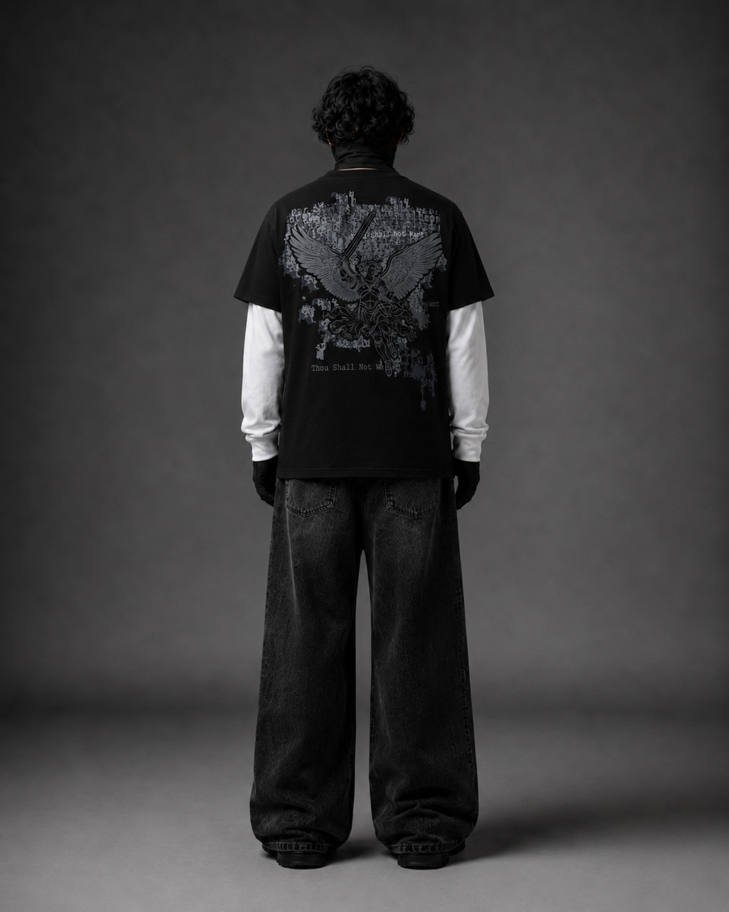 Thou Shall Not Want Layered Graphic T-Shirt – Black & White Angel Print Tee