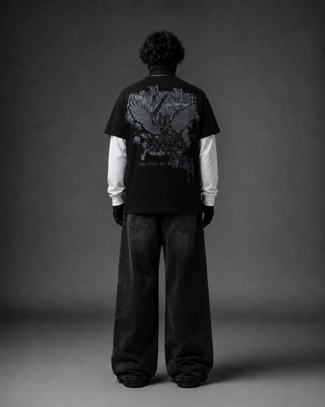 Thou Shall Not Want Layered Graphic T-Shirt – Black & White Angel Print Tee