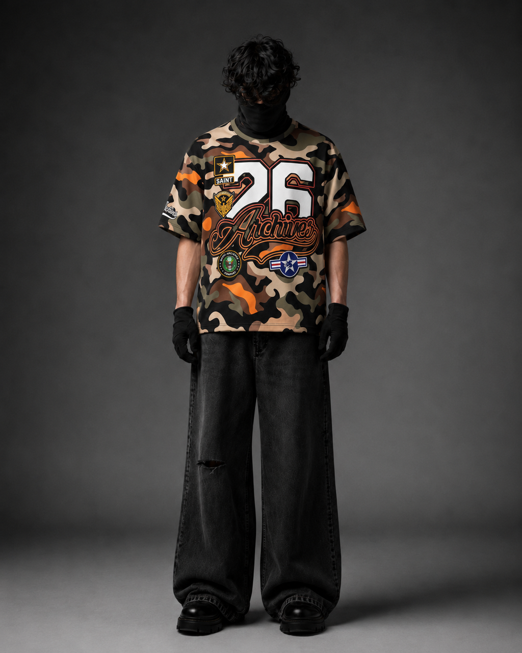 Saint Archives Camo Boxy Fit T-Shirt – French Terry Cotton Graphic Tee with Embroidery Detail