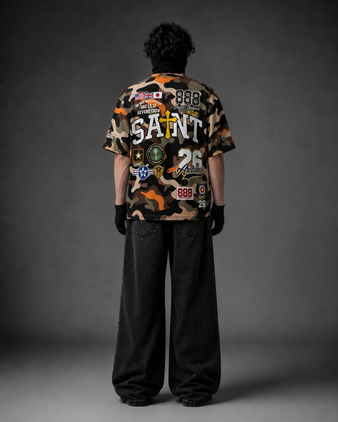 Saint Archives Camo Boxy Fit T-Shirt – French Terry Cotton Graphic Tee with Embroidery Detail