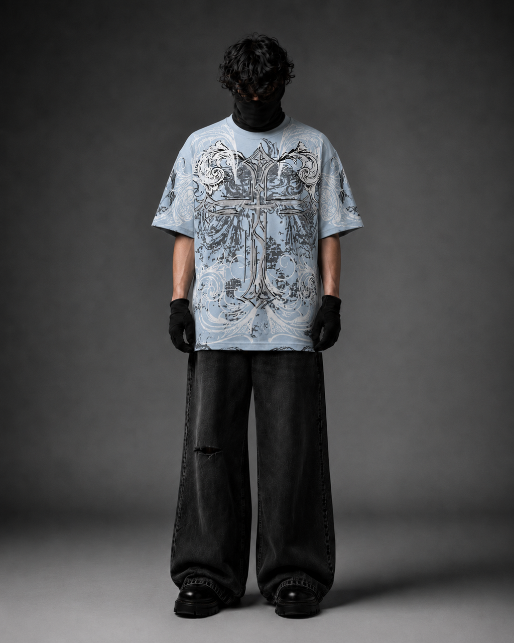 Blessed Cross Powder Blue Oversized Graphic T-Shirt with Rhinestone Work