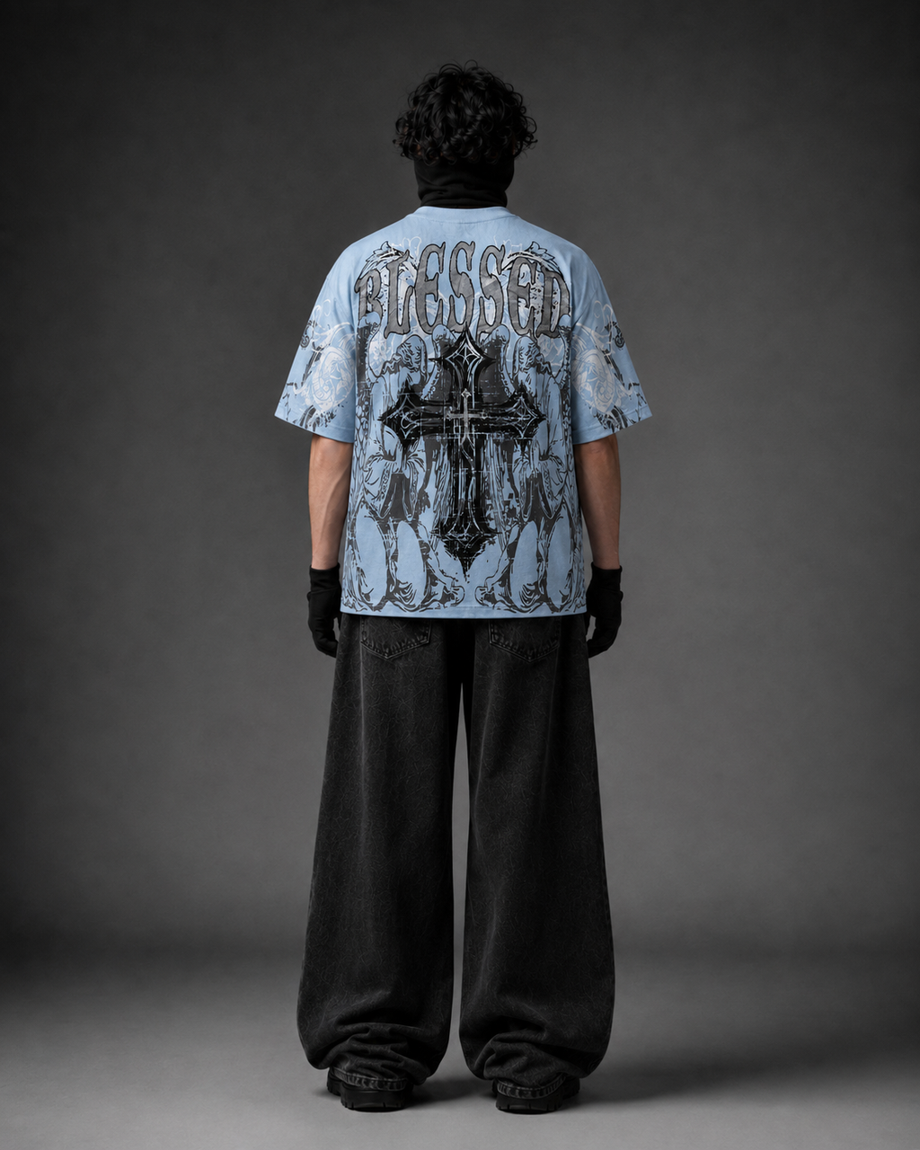 Blessed Cross Powder Blue Oversized Graphic T-Shirt with Rhinestone Work