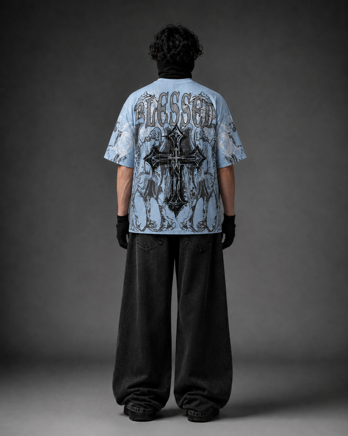 Blessed Cross Powder Blue Oversized Graphic T-Shirt with Rhinestone Work