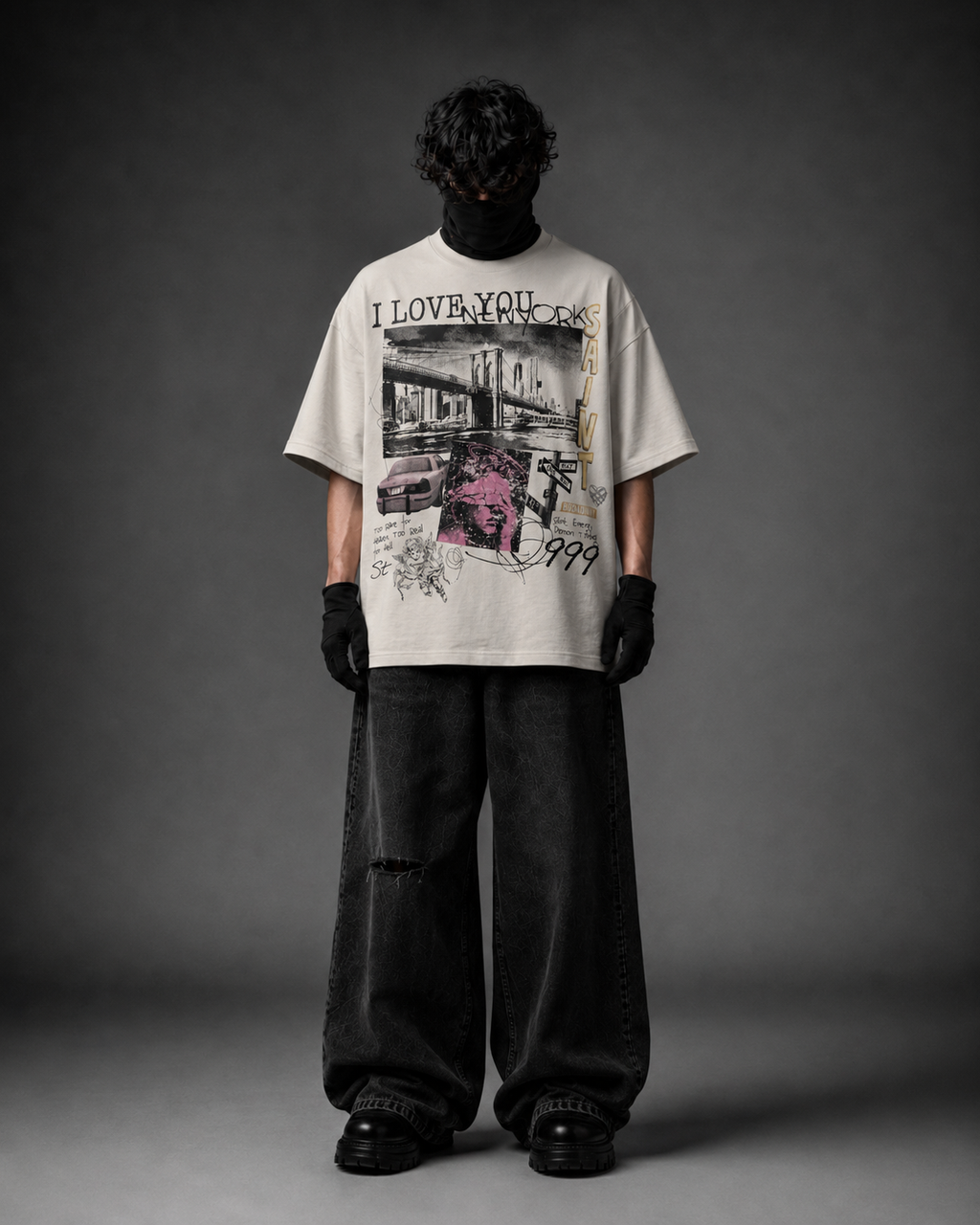 Saint New York 999 Oversized Reverse Stitch Graphic T-Shirt with Rhinestone Work