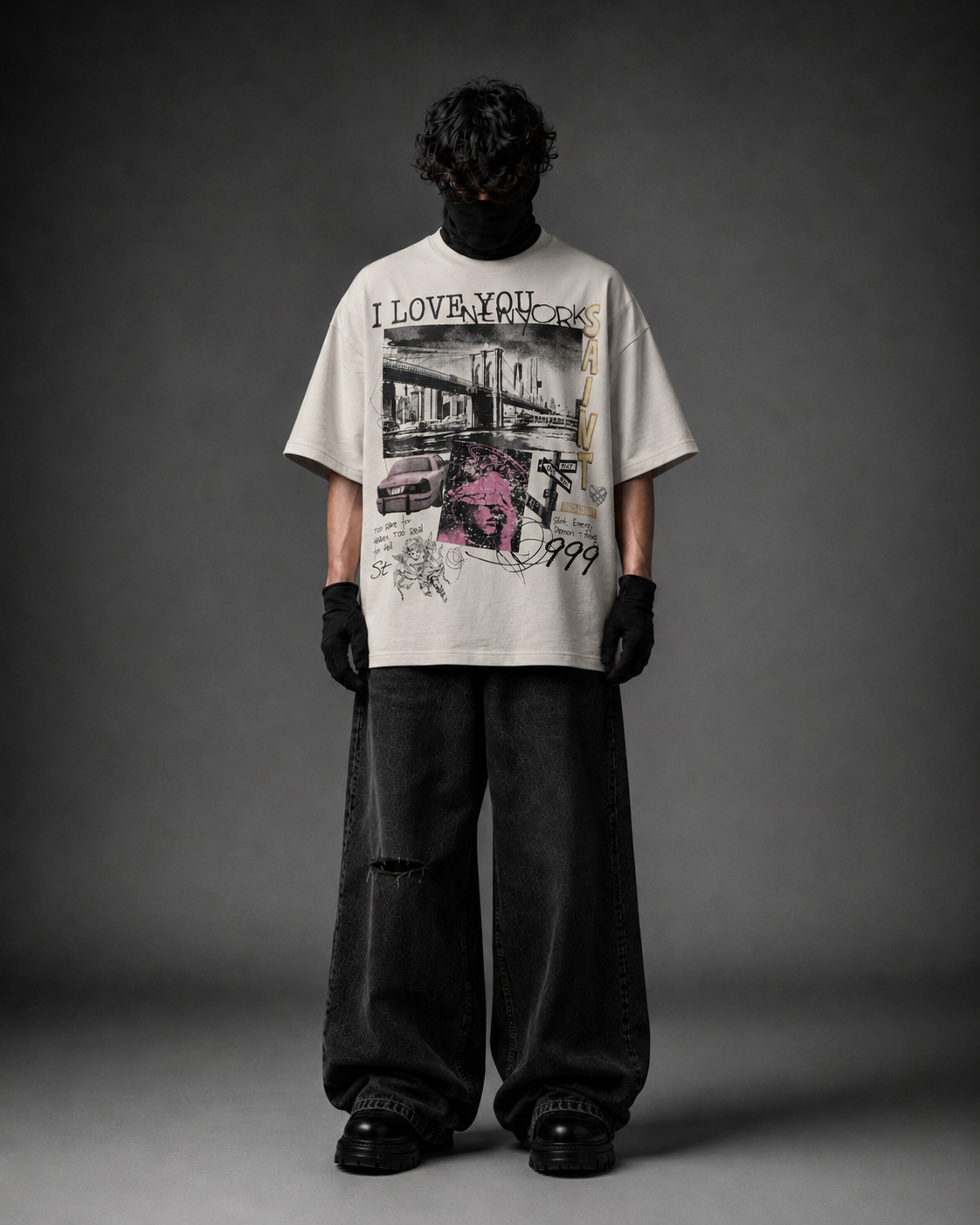 Saint New York 999 Oversized Reverse Stitch Graphic T-Shirt with Rhinestone Work