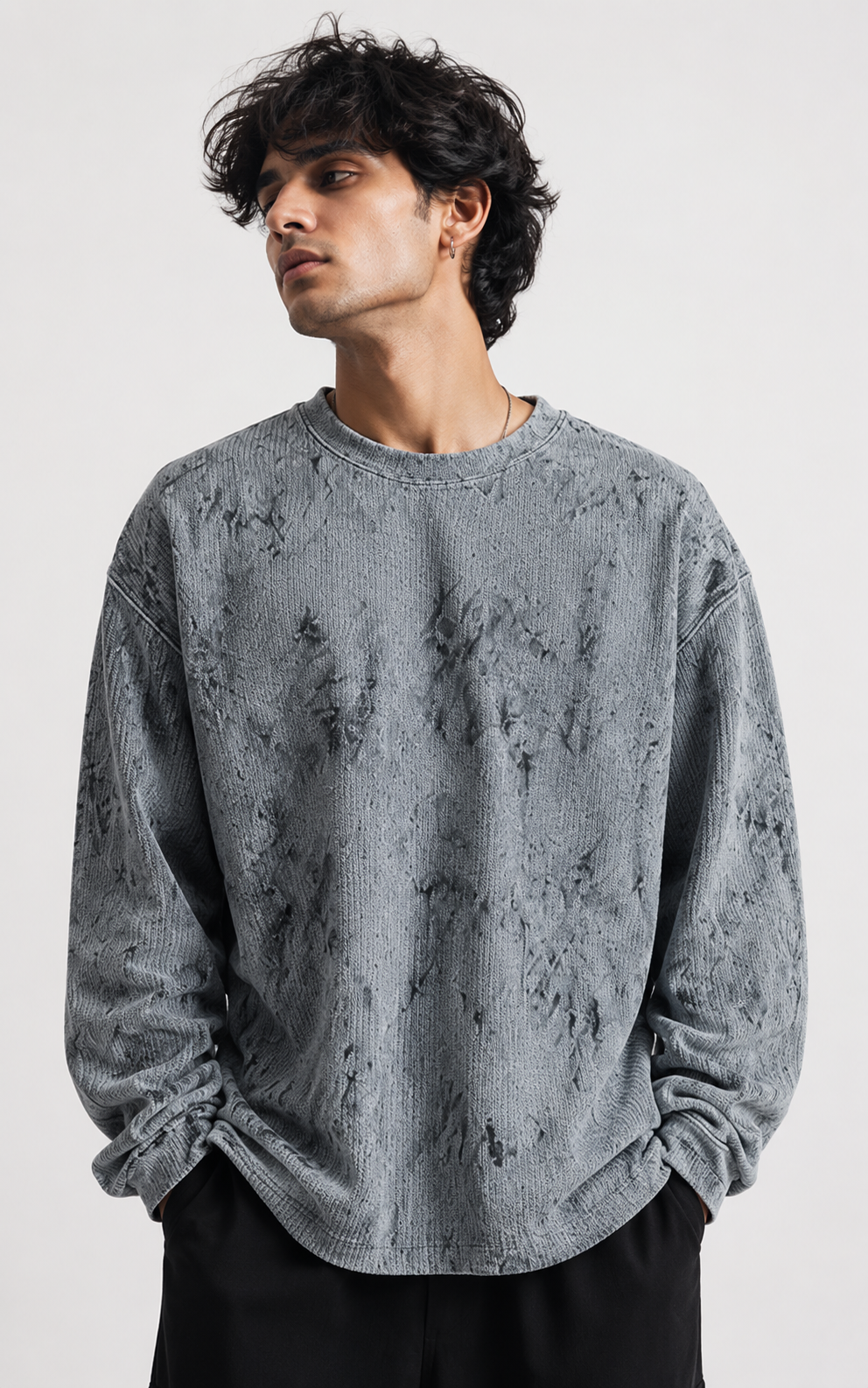 Acid Wash Waffle Knit Full Sleeve T-Shirt – Ash Grey